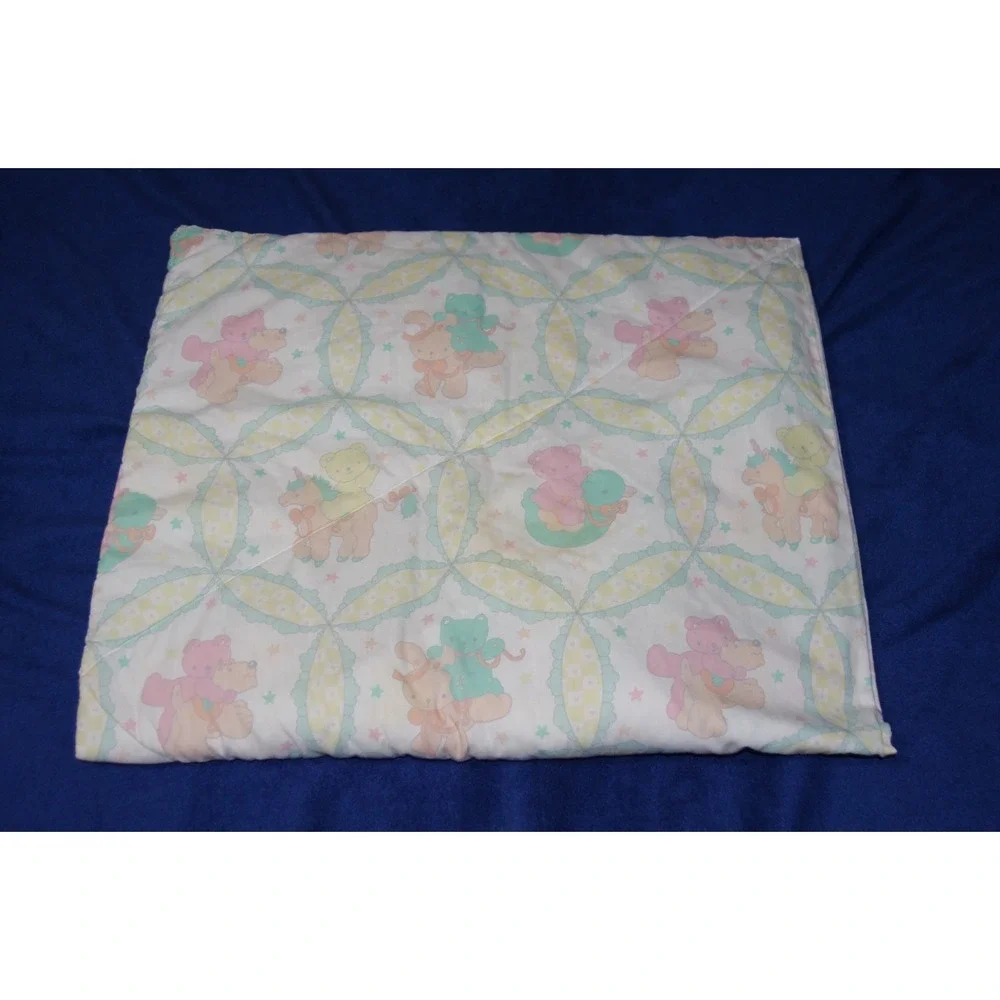 Vintage 90s Baby Girl Crib Quilt Blanket Pastel Teddy‎ Bear Unicorn AOP DARLING!